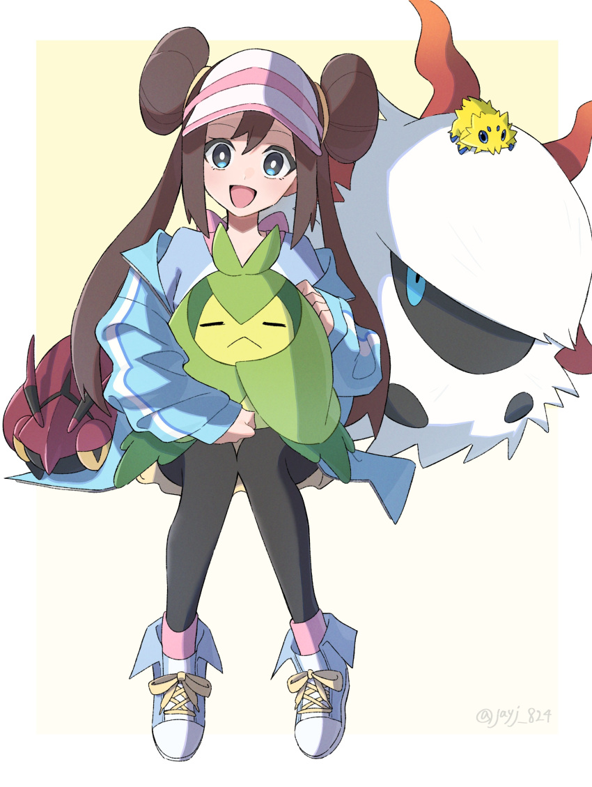 1girl :d absurdres bangs black_pantyhose bow bright_pupils brown_hair commentary_request double_bun doughnut_hair_bun hair_bun highres jacket jayj_824 joltik larvesta legwear_under_shorts long_hair looking_at_viewer on_lap open_mouth pantyhose pink_bow pokemon pokemon_(creature) pokemon_(game) pokemon_bw2 pokemon_on_lap raglan_sleeves rosa_(pokemon) shirt shoes shorts sitting smile sneakers swadloon twintails twitter_username venipede visor_cap watermark white_pupils yellow_shorts