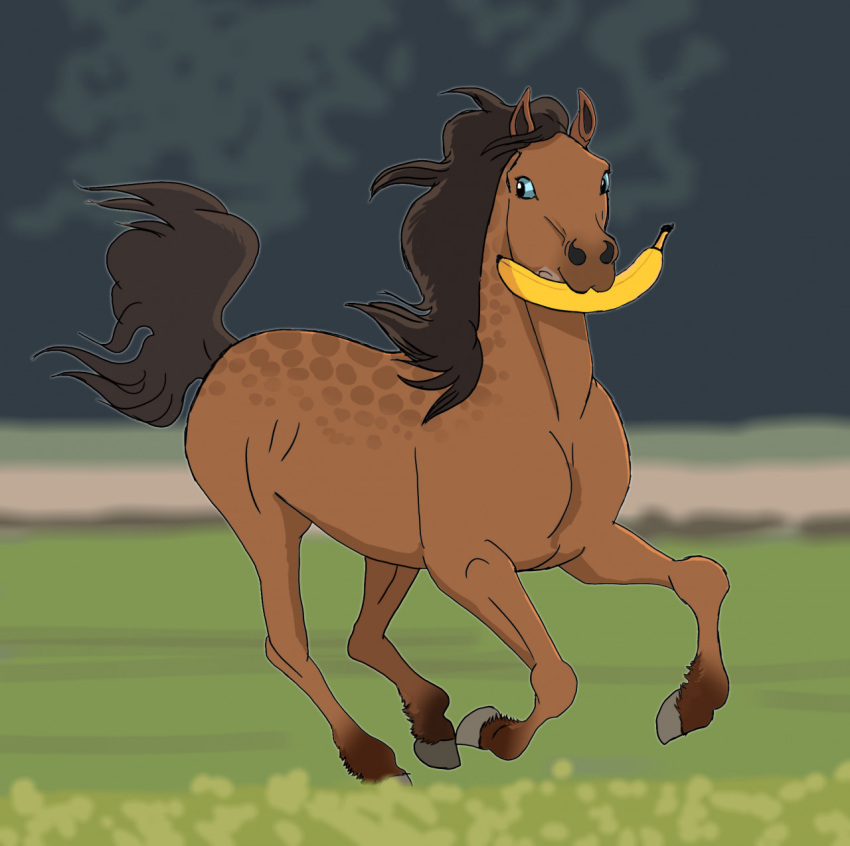 2022 ambiguous_gender banana blue_eyes brown_body brown_hair brown_mane brown_tail digital_media_(artwork) dolero equid equine feathering feral food fruit fur galloping hair hi_res hooves horse looking_back mammal mane plant raised_tail sea-biscuit simple_background solo tail