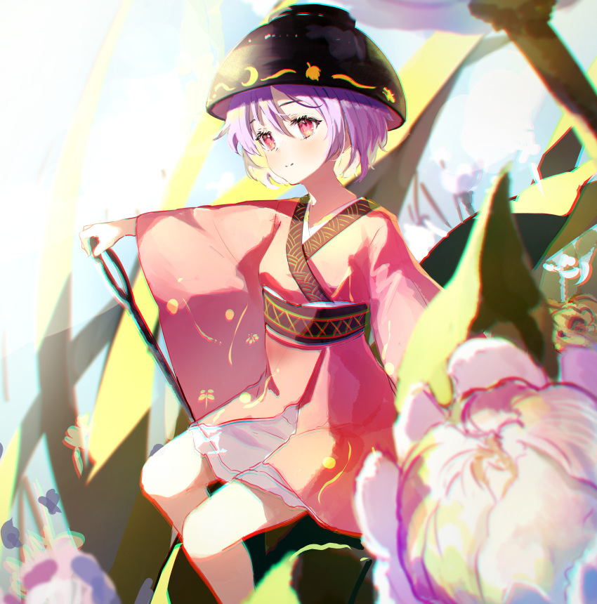 1girl absurdres bangs black_headwear bowl bowl_hat closed_mouth hair_between_eyes hat highres japanese_clothes kimono long_sleeves needle needle_sword obi purple_hair red_eyes red_kimono rei_(farta_litia) sash short_hair smile solo sukuna_shinmyoumaru touhou wide_sleeves