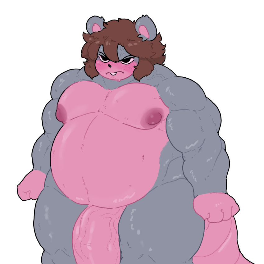 angry animal_humanoid anthro big_(disambiguation) blushing_profusely brown_hair bulge cross-popping_vein digital_media_(artwork) fur grey_body grey_fur hair hi_res humanoid khrunkisillegal male mammal mammal_humanoid murid murine musclegut muscular muscular_anthro muscular_male nipples pecs pink_body puffy_nipples rat rodent rodent_humanoid roque_(khrunkisillegal) solo tail vein