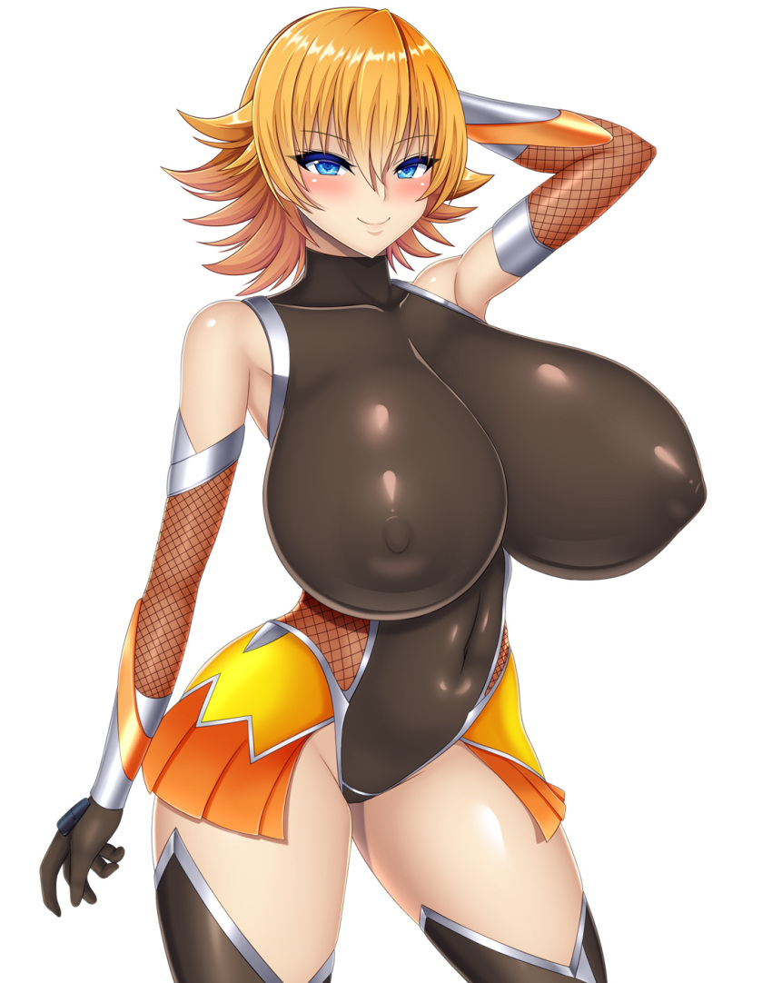 1girl blue_eyes breasts covered_collarbone covered_navel covered_nipples fishnets flipped_hair gloves highres huge_breasts igawa_sakura impossible_clothes impossible_leotard leotard ninja orange_hair puffy_nipples rough_(riferio) short_hair showgirl_skirt skin_tight solo taimanin_(series) taimanin_asagi taimanin_suit white_background