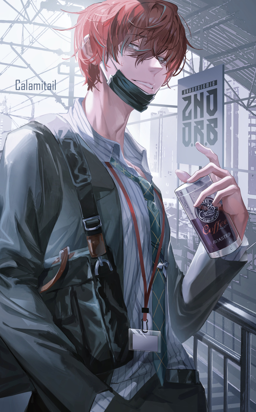 1boy absurdres black_jacket calamitail coffee collared_shirt green_eyes green_hair green_necktie highres hypnosis_mic jacket kannonzaka_doppo long_sleeves looking_at_viewer male_focus multicolored_hair necktie red_hair shirt short_hair smile solo striped_necktie teeth white_shirt yellow_necktie