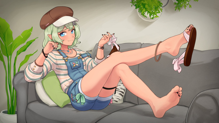 1girl barefoot black_nails blue_eyes couch efreezerarts feet green_eyes hair_ornament hat highres indie_virtual_youtuber jewelry looking_at_viewer nail_polish on_couch pointy_ears renee_tala sandals shoe_dangle soles solo thighlet toe_ring toenails toes