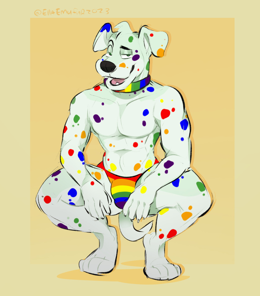 absurd_res anthro black_nose blue_spots canid canine canis claws clothed clothing collar dalmatian digital_media_(artwork) domestic_dog emufur fur green_spots hair hi_res lgbt_pride looking_at_viewer male mammal open_mouth pride_colors rainbow_collar rainbow_pride_colors rainbow_spots red_spots simple_background six-stripe_rainbow_pride_colors skittles_the_dalmatian smile solo spots spotted_body tongue white_body white_fur yellow_spots