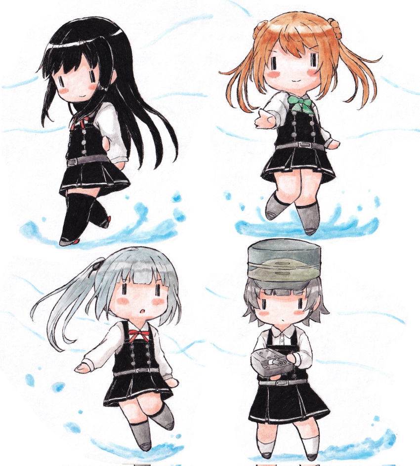 :o arare_(kancolle) arare_kai_ni_(kancolle) arm_behind_back asashio_(kancolle) asashio_kai_ni_(kancolle) black_dress black_hair black_ribbon black_thighhighs blush brown_hair chibi closed_mouth double_bun dress grey_hair hair_bun hair_ribbon hat highres kantai_collection kasumi_(kancolle) kasumi_kai_ni_(kancolle) kneehighs long_hair michishio_(kancolle) michishio_kai_ni_(kancolle) multiple_girls neck_ribbon parted_lips pinafore_dress poipoi_purin ribbon school_uniform shirt short_hair side_ponytail simple_background smile socks thighhighs twintails white_background white_shirt