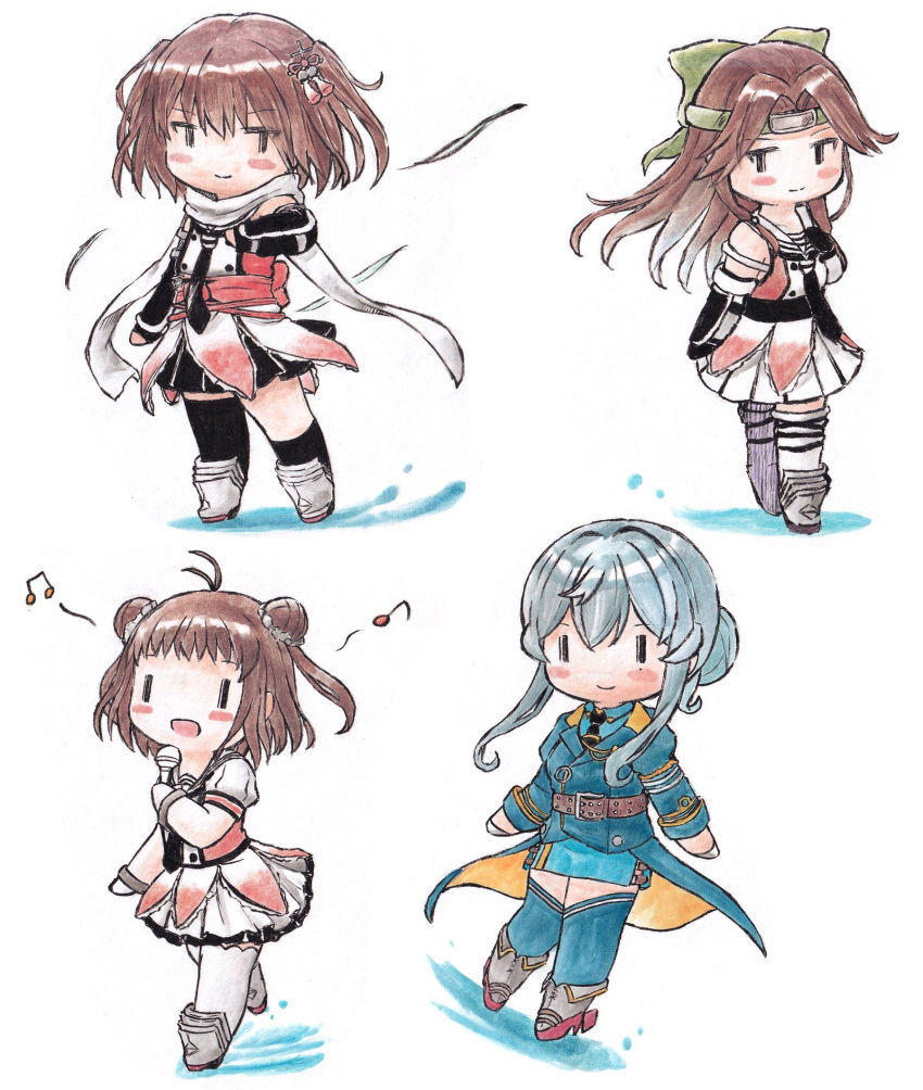 4girls asymmetrical_legwear belt black_thighhighs blue_hair blue_thighhighs bow brown_hair chibi double_bun elbow_gloves forehead_protector gloves gotland_(kancolle) green_bow hair_bow hair_bun hair_ornament highres holding holding_microphone jintsuu_(kancolle) jintsuu_kai_ni_(kancolle) kantai_collection long_hair microphone mole mole_under_eye multiple_girls naka_(kancolle) naka_kai_ni_(kancolle) open_mouth pleated_skirt poipoi_purin rudder_footwear sailor_collar scarf school_uniform sendai_(kancolle) sendai_kai_ni_(kancolle) serafuku short_hair simple_background single_thighhigh skirt smile standing thighhighs white_scarf white_thighhighs