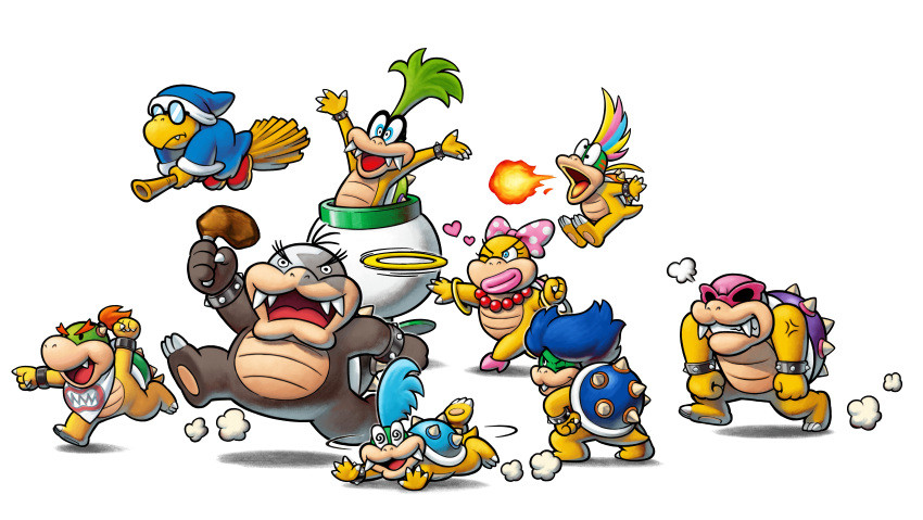 1girl 6+boys absurdres blue_hair blue_robe bow bowser_jr. bracelet broom broom_riding fireball glasses green_hair hair_bow heart high_heels highres iggy_koopa jewelry kamek larry_koopa lemmy_koopa ludwig_von_koopa mario_&amp;_luigi_rpg mario_&amp;_luigi_rpg_(style) mario_(series) morton_koopa_jr. multicolored_hair multiple_boys necklace official_art one_eye_closed open_mouth pink_footwear pointing rainbow_hair robe roy_koopa shadow sharp_teeth spiked_bracelet spiked_shell spikes sunglasses teeth transparent_background upper_teeth_only wendy_o._koopa