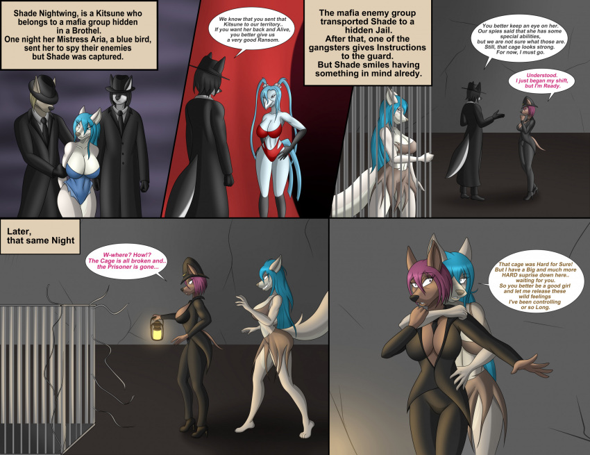 anthro aventis_vixxx avian big_breasts black_body black_fur black_hair blue_hair breasts brown_body brown_fur cage canid canine canis clothing comic:out_of_the_cage comic_panel dialogue duo female female/female fox fur grey_body grey_fur group hair hat headgear headwear hi_res lamp lantern lingerie male male/female mammal multicolored_body multicolored_fur necktie pink_hair solo speech_bubble torn_clothing trio two_tone_body two_tone_fur underwear uniform white_body white_fur wide_hips wolf