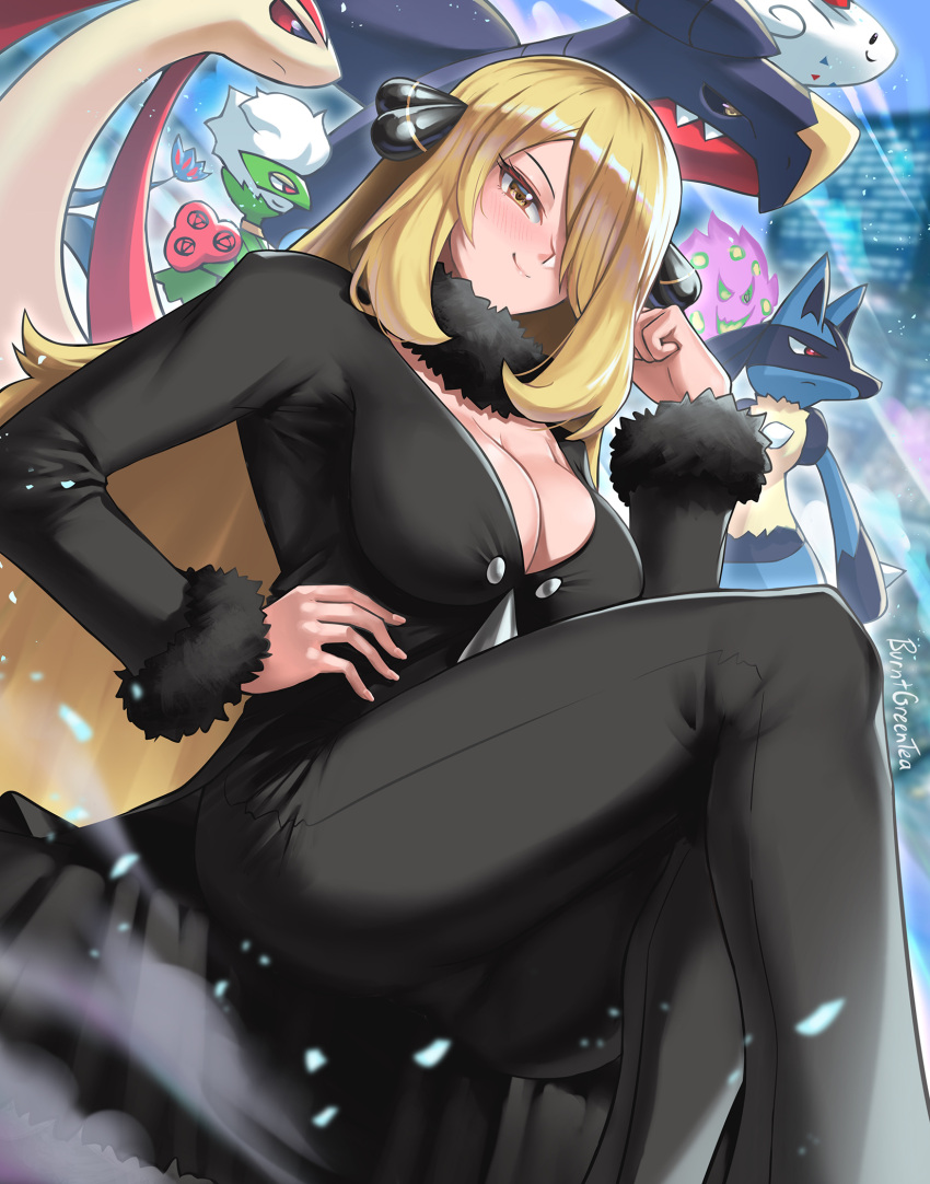 1girl black_coat black_pants black_shirt blonde_hair blush breasts burnt_green_tea cleavage coat cynthia_(pokemon) day fur-trimmed_coat fur_collar fur_trim garchomp hair_ornament hair_over_one_eye hand_on_hip highres large_breasts legs long_hair long_sleeves looking_at_viewer lucario mature_female milotic outdoors pants pokemon pokemon_(creature) pokemon_(game) pokemon_dppt pokemon_platinum roserade shirt spiritomb sunlight thighs togekiss v-neck very_long_hair wavy_hair yellow_eyes