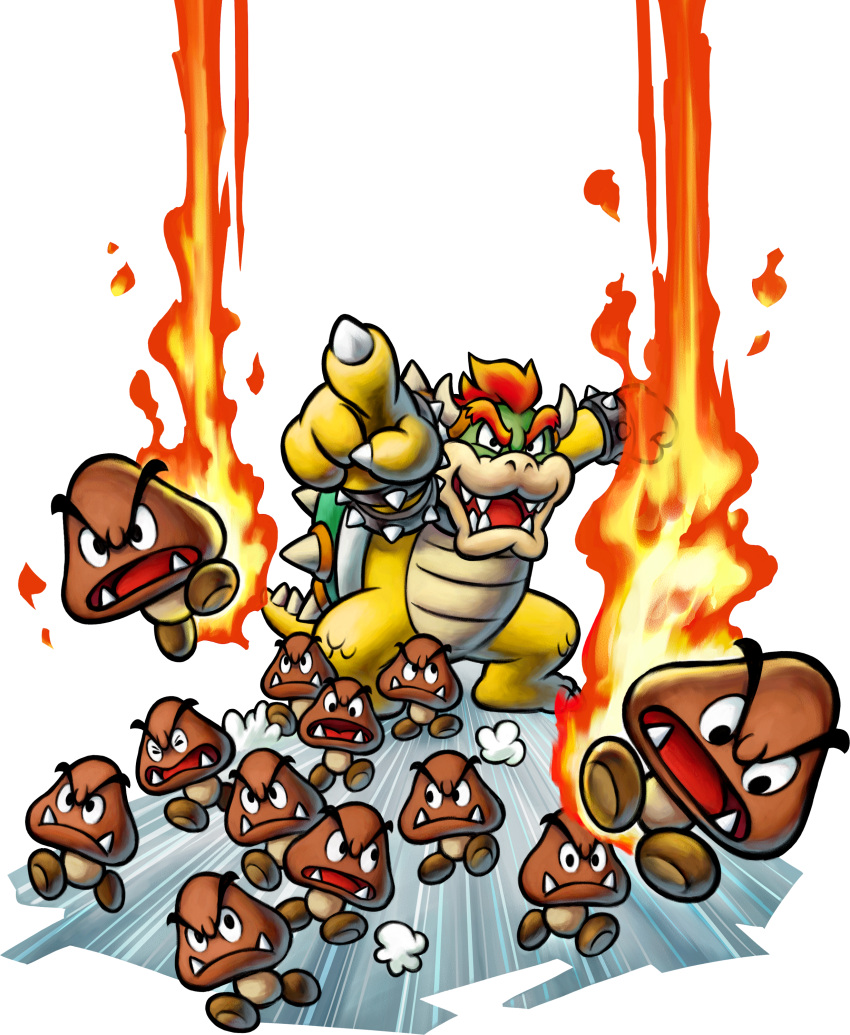 1boy absurdres bowser bracelet collar fire goomba highres jewelry mario_&amp;_luigi_rpg mario_&amp;_luigi_rpg_(style) mario_(series) official_art open_mouth pointing red_hair sharp_teeth spiked_bracelet spiked_collar spiked_shell spikes teeth transparent_background