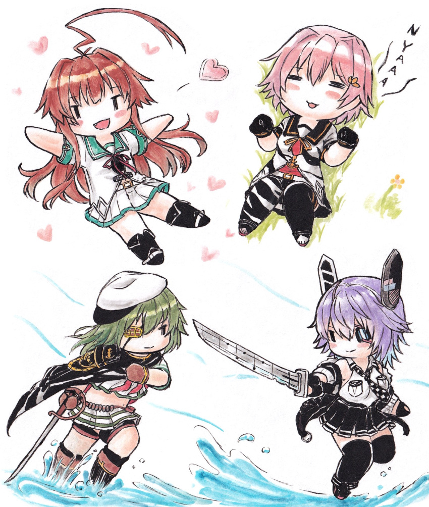 4girls ahoge black_gloves breasts brown_gloves brown_hair chibi closed_eyes eyepatch fang gloves green_hair headgear heart highres holding holding_sword holding_weapon huge_ahoge jacket kantai_collection kiso_(kancolle) kiso_kai_ni_(kancolle) kuma_(kancolle) kuma_kai_ni_(kancolle) long_hair lying multiple_girls necktie on_back open_mouth pink_hair pleated_skirt poipoi_purin purple_hair school_uniform serafuku shirt short_hair skirt sleeveless sleeveless_shirt sword tama_(kancolle) tama_kai_ni_(kancolle) tenryuu_(kancolle) tenryuu_kai_ni_(kancolle) water weapon white_shirt