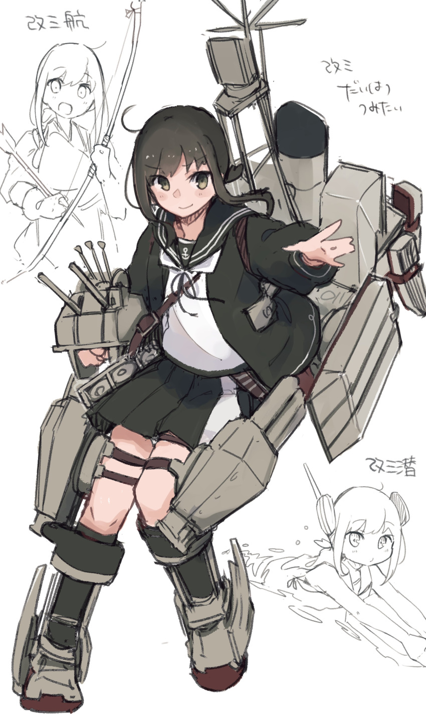1girl absurdres arrow_(projectile) black_hair black_skirt bow_(weapon) character_request fubuki_(kancolle) gloves green_eyes green_jacket highres jacket kantai_collection low_ponytail ma_rukan machinery muneate open_mouth partially_fingerless_gloves pleated_skirt ponytail rigging school_swimsuit school_uniform serafuku shirt sketch skirt smile solo swimming swimsuit torpedo turret weapon yugake