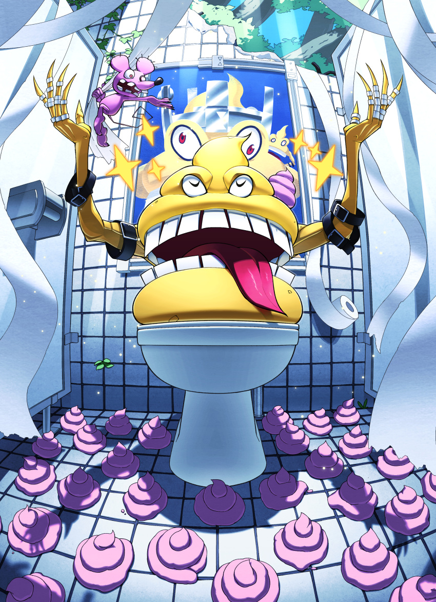 absurdres arms_up bbb_(fabio8552) bracelet commentary_request digimon digimon_(creature) highres indoors jewelry long_tongue mouse no_humans poop ring scumon teeth toilet toilet_paper tongue tongue_out tyumon