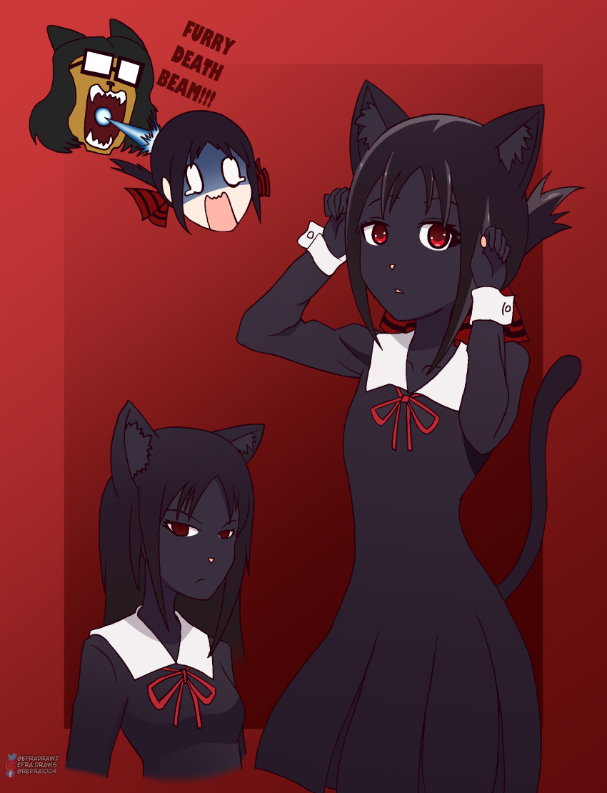 absurd_res alternate_species anime_style anthro beam black_body black_fur black_hair cat_tail claws clothing digital_drawing_(artwork) digital_media_(artwork) domestic_cat duo efradraws efrasona felid feline felis female fur furrification hair hi_res human inner_ear_fluff kaguya-sama:_love_is_war light light_beam male male/female mammal multiple_poses pawpads pink_nose pose pupils red_eyes red_pupils ribbons school_uniform screaming shinomiya_kaguya solo tuft uniform