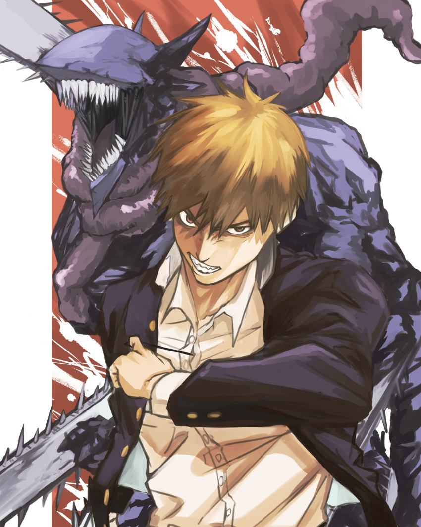 1boy blonde_hair chainsaw chainsaw_devil chainsaw_man collared_shirt denji_(chainsaw_man) extra_arms gakuran highres intestines looking_at_viewer open_clothes open_mouth parted_lips pull_cord scarf school_uniform sharp_teeth shirt short_hair sokora_hen teeth v-shaped_eyebrows white_shirt yellow_eyes