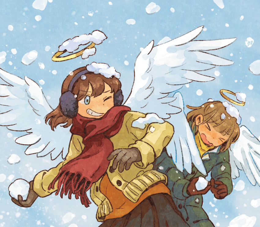 &gt;_&lt; 2girls angel angel_wings bangs black_skirt blue_eyes blunt_bangs brown_gloves brown_hair cardigan commentary_request cowboy_shot d: day dot_nose down_jacket dx earmuffs facing_viewer feathered_wings floating_hair fringe_trim furrowed_brow gloves green_jacket grin halo hands_up holding_snowball jacket leaning_forward long_sleeves looking_at_another looking_to_the_side medium_hair monaka_(siromona) multiple_girls one_eye_closed open_mouth original outdoors outstretched_arm pleated_skirt red_scarf scarf short_hair skirt smile snow_on_head snowball snowball_fight snowing turtleneck wavy_mouth white_wings wings winter winter_clothes yellow_cardigan