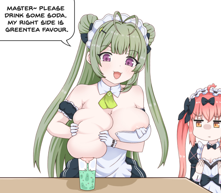 2girls :3 :t absurdres ahoge antenna_hair blush bow breast_envy breasts chinese_text cocoa_(nikke) cup double_bun flat_chest goddess_of_victory:_nikke grabbing_own_breast green_hair greenteaneko hair_bow hair_bun hair_ornament hairclip highres huge_breasts lactation long_hair maid maid_headdress multiple_girls open_mouth orange_hair pink_hair purple_eyes smile soda soda_(nikke) twintails