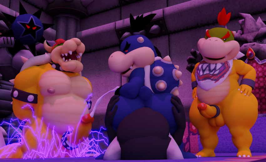 3d_(artwork) absurd_res age_difference anthro ape black_body black_fur blender_(software) bodily_fluids bound bowser bowser_jr. butt butt_sniffing chimpanzee cum cumshot dark_star_(m&amp;l) defeated digital_media_(artwork) doommusk ejaculation electricity facesitting fan_character fur genital_fluids group haplorhine hi_res koopa lire_(doommusk) male male/male mammal mario_and_luigi_(series) mario_bros monkey nintendo pan_(genus) primate purple_body purple_skin scalie sniffing young younger_male