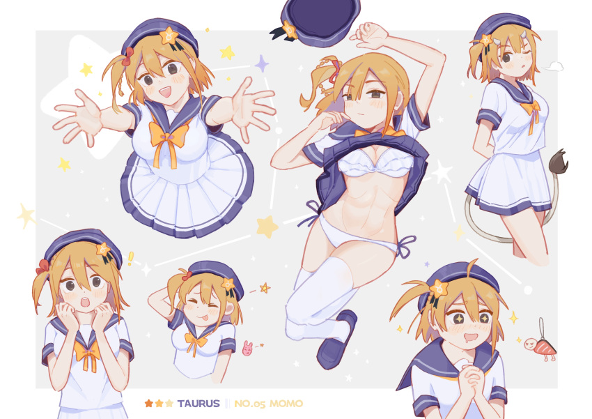 1girl :d :p absurdres alternate_costume arm_behind_head bag_charm blonde_hair blue_footwear blue_sailor_collar blush bow bowtie bra breasts character_name charm_(object) cleavage closed_eyes clothes_lift constellation cow_girl cow_horns cow_tail cropped_legs cropped_torso drooling grey_background hair_bow hair_ornament hands_up hat hat_removed headwear_removed highres horns interlocked_fingers kagerou_project kisaragi_momo knee_up loafers lying medium_breasts miniskirt multiple_views on_back one_eye_closed one_side_up oni_horns open_mouth orange_bow orange_bowtie outstretched_arms own_hands_together panties pentagram pleated_skirt reaching_towards_viewer red_bow sailor_collar shirt shoes short_sleeves sigh skirt skirt_lift smile sparkling_eyes star_(symbol) star_hair_ornament tail taurus_(zodiac) thighhighs toned tongue tongue_out underwear white_bra white_panties white_shirt white_thighhighs whitegull666