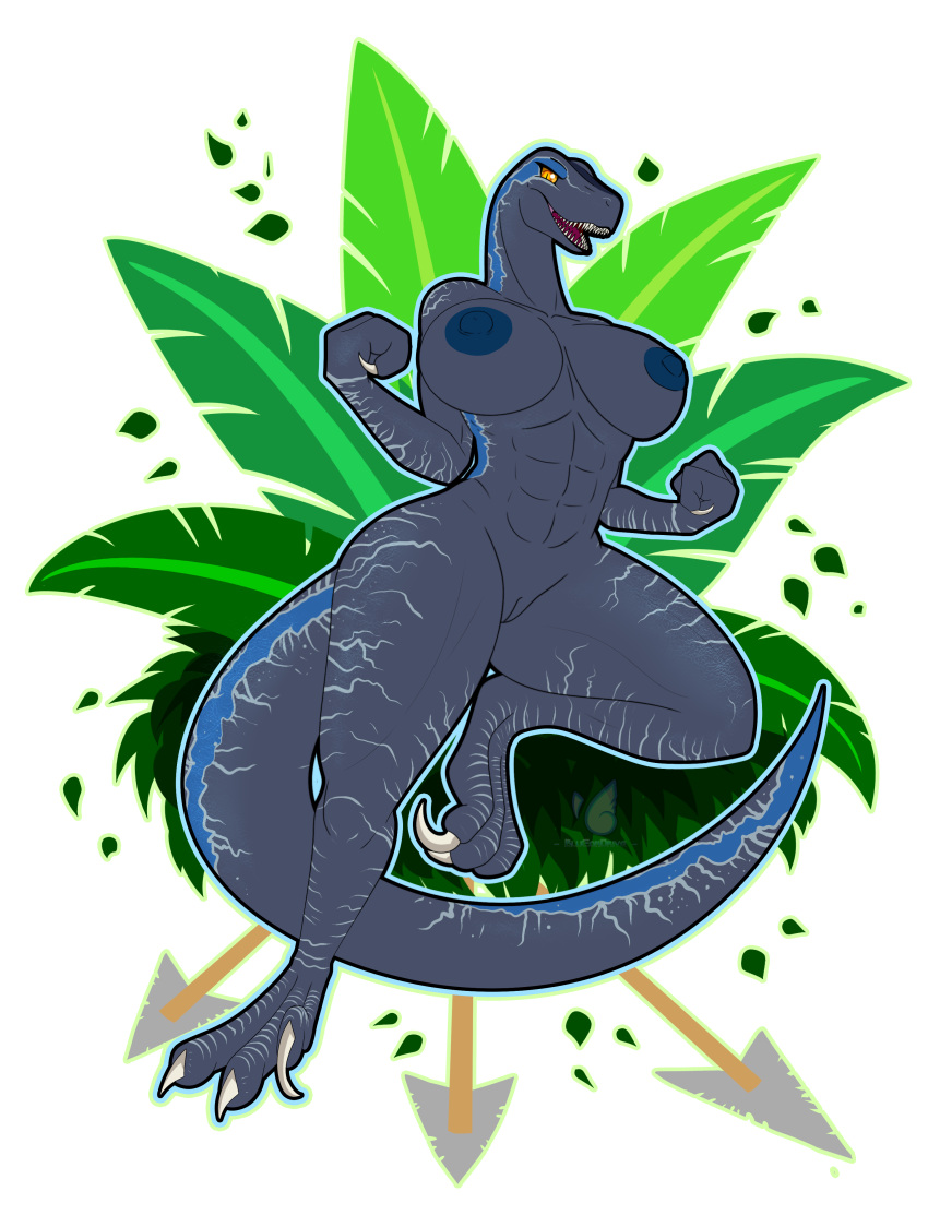 absurd_res action_pose alpha_channel anthro big_breasts bludraconoid blue_(jurassic_world) breasts dinosaur dromaeosaurid female fist genitals hi_res jurassic_park jurassic_world leaf markings muscular muscular_female nature nature_background nipples non-mammal_breasts non-mammal_nipples non-mammal_pussy nude open_mouth pinup pose pussy raptor_claws reptile scalie solo striped_markings stripes tasteful_nudity theropod thick_thighs universal_studios velociraptor