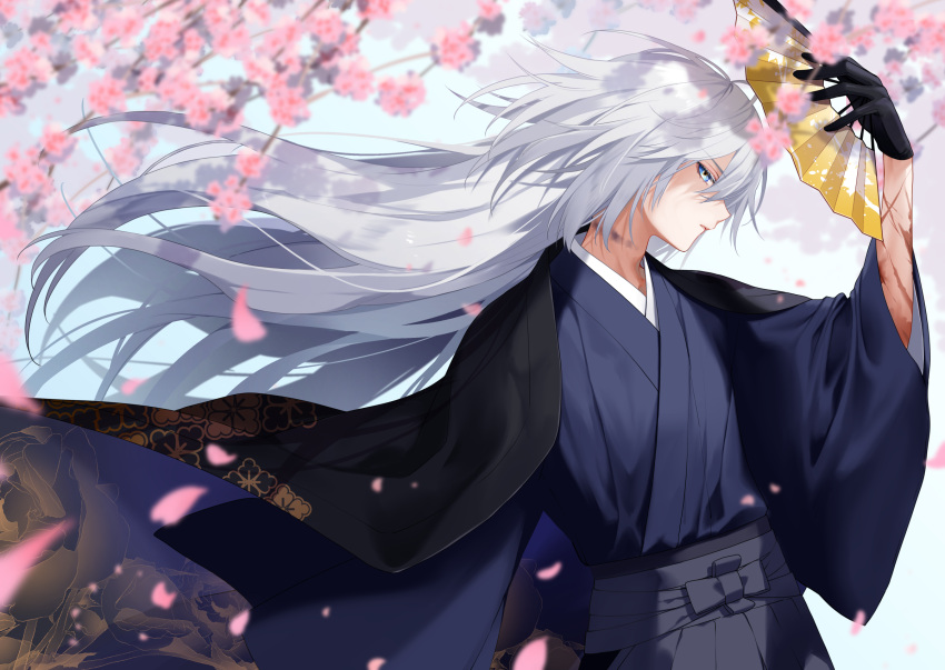 1boy adam's_apple androgynous bangs black_cape black_gloves blue_kimono blurry branch bruise burn_scar cape cherry_blossoms collarbone cross_scar dappled_sunlight depth_of_field falling_petals floating_hair floral_print folding_fan gloves grey_hair grey_hakama hakama hand_fan hand_up highres holding holding_fan injury japanese_clothes kimono long_hair long_sleeves looking_at_viewer male_focus motion_blur original outdoors petals profile scar scar_on_arm sideways_glance solo sunlight upper_body very_long_hair waka_(shark_waka) white_hair