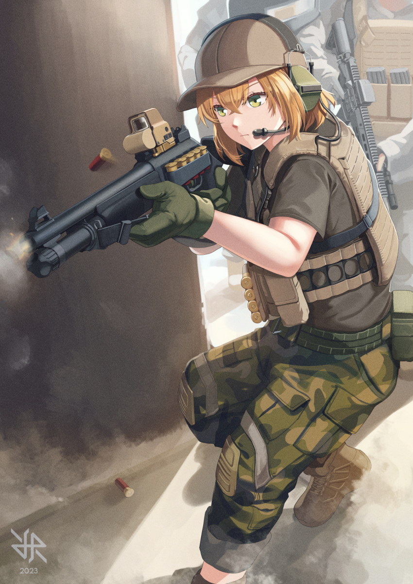 1girl benelli_m1014 benelli_m4 blonde_hair brown_headwear brown_shirt camouflage camouflage_pants chest_rig commission dated gloves green_eyes green_gloves gun hat headset highres hiroki_ree military military_hat military_uniform optical_sight original pants shirt short_sleeves shotgun shotgun_shell solo uniform weapon