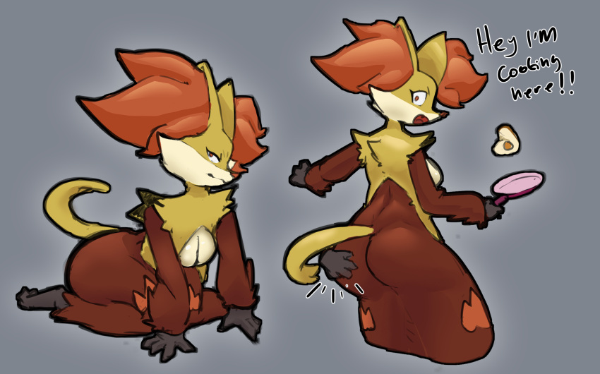 anthro breasts butt butt_grab canid canine cleavage clothed clothing delphox egg emerycallahan female food fox generation_6_pokemon hand_on_butt hi_res mammal nintendo pokemon pokemon_(species) solo