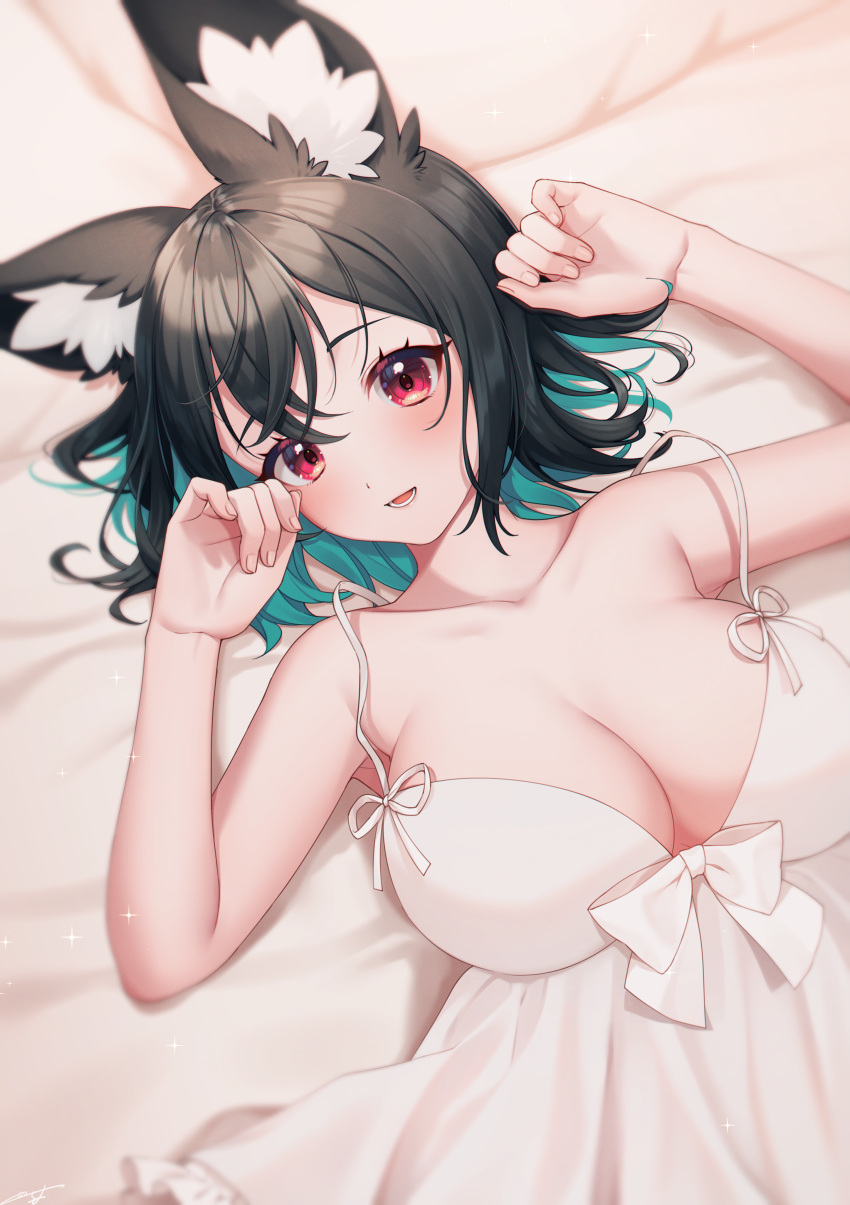 1girl :d absurdres animal_ear_fluff animal_ears aqua_hair arm_up bangs bare_arms bare_shoulders bed_sheet black_hair breasts collarbone commentary_request dress hair_between_eyes hand_up highres large_breasts looking_at_viewer multicolored_hair original pillow red_eyes sakura_chiyo_(konachi000) sleeveless sleeveless_dress smile solo two-tone_hair white_dress