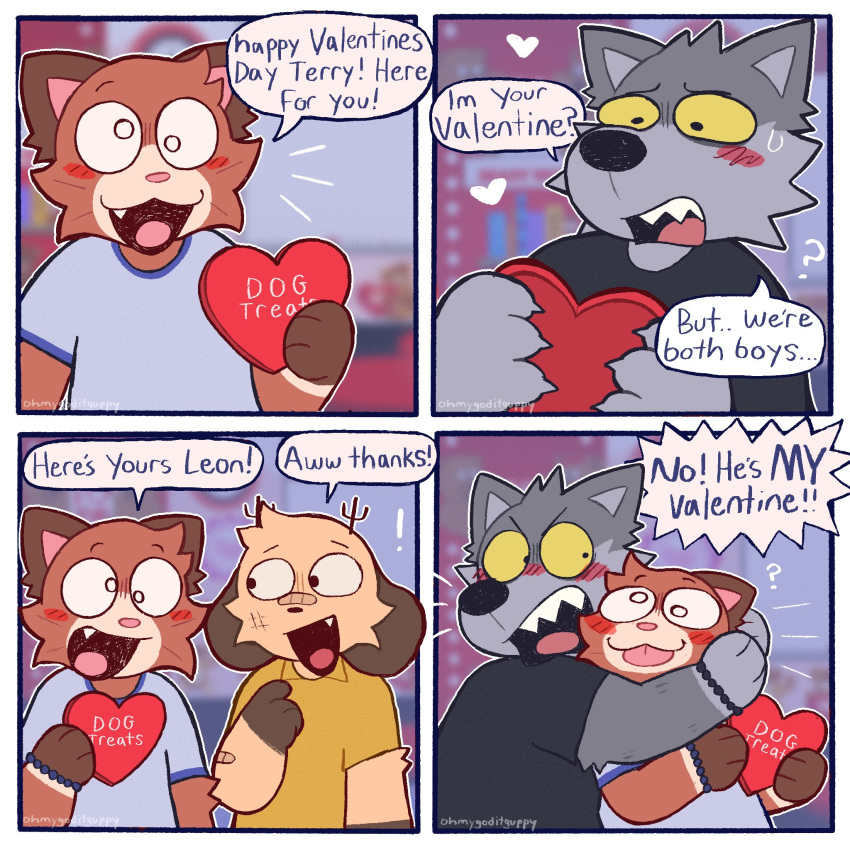 anthro braclets canid canine canis curley_(ohmygoditguppy) deer dialogue domestic_cat duo english_text felid feline felis hi_res holidays jealous leon_(ohmygoditguppy) male mammal ohmygoditguppy solo terry_(ohmygoditguppy) text valentine's_day wolf