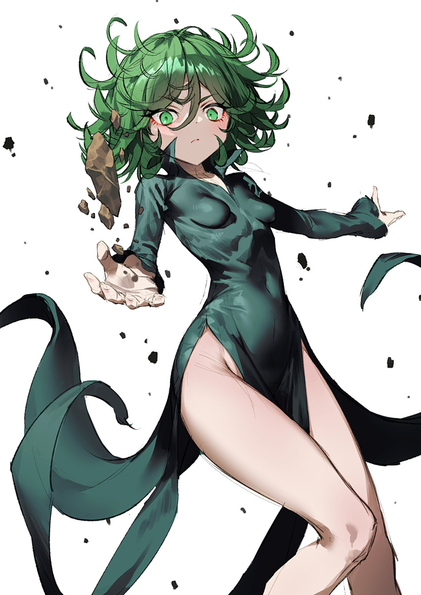 1girl absurdres bangs black_dress breasts cozy curly_hair dress floating green_eyes green_hair highres long_sleeves looking_at_viewer one-punch_man short_hair simple_background small_breasts solo stone tatsumaki telekinesis thighs white_background