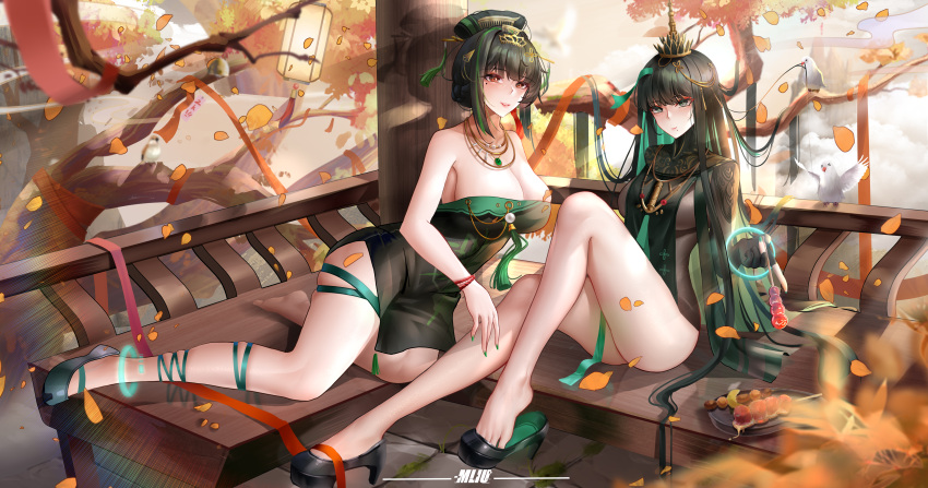 2girls absurdres bangs barefoot black_footwear black_hair breasts china_dress chinese_clothes cleavage crown dress elbow_gloves gloves green_eyes green_hair hair_ornament highres jewelry long_hair looking_at_viewer multicolored_hair multiple_girls punishing:_gray_raven qu_(punishing:_gray_raven) red_eyes shoe_dangle sitting smll233