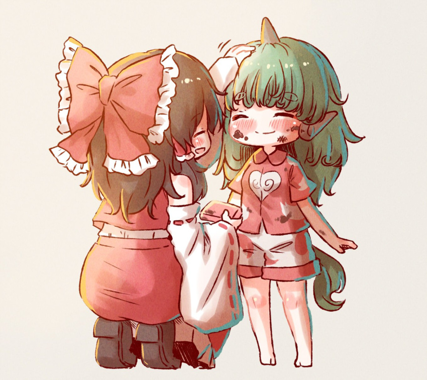 2girls arinu bare_shoulders barefoot blush bow brown_footwear brown_hair closed_eyes closed_mouth cloud_print collared_shirt detached_sleeves green_hair grey_background hair_bow hair_tubes hakurei_reimu headpat highres horns japanese_clothes kariyushi_shirt komano_aunn long_hair multiple_girls nontraditional_miko red_bow red_shirt red_skirt ribbon-trimmed_sleeves ribbon_trim shirt shoes short_sleeves shorts sidelocks simple_background single_horn skirt smile tail touhou valentine white_shorts white_sleeves wide_sleeves