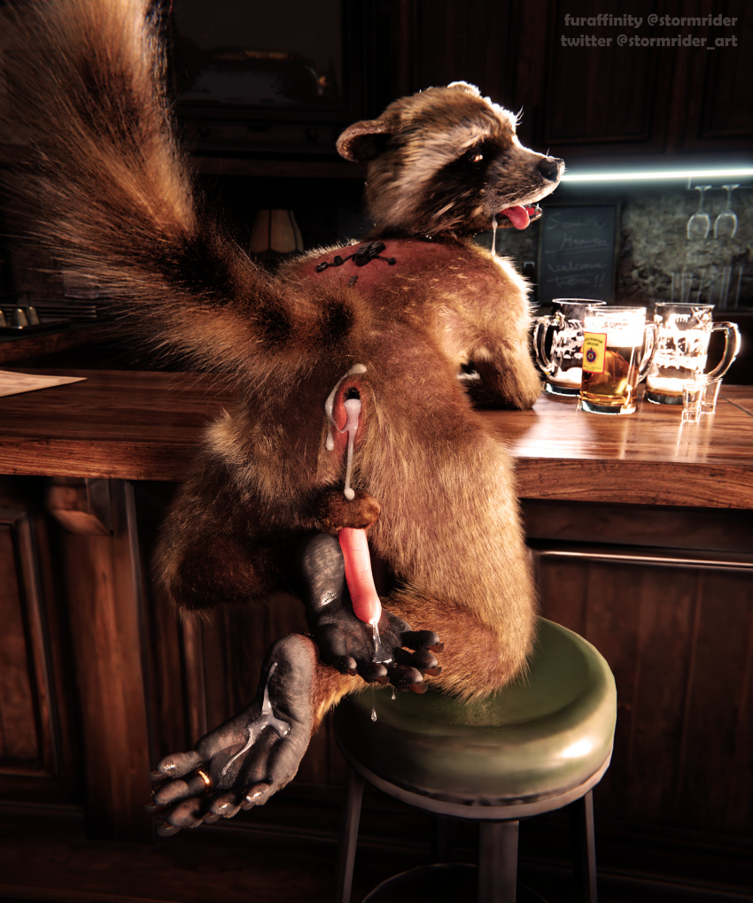 3d_(artwork) absurd_res alcohol beverage blender_(software) bodily_fluids butt claws cum cum_on_butt cum_on_face cum_on_feet digit_ring digital_media_(artwork) foot_fetish genital_fluids guardians_of_the_galaxy hi_res hindpaw jewelry male male/male mammal marvel paws precum procyonid raccoon ring rocket_raccoon solo stormrider toe_ring