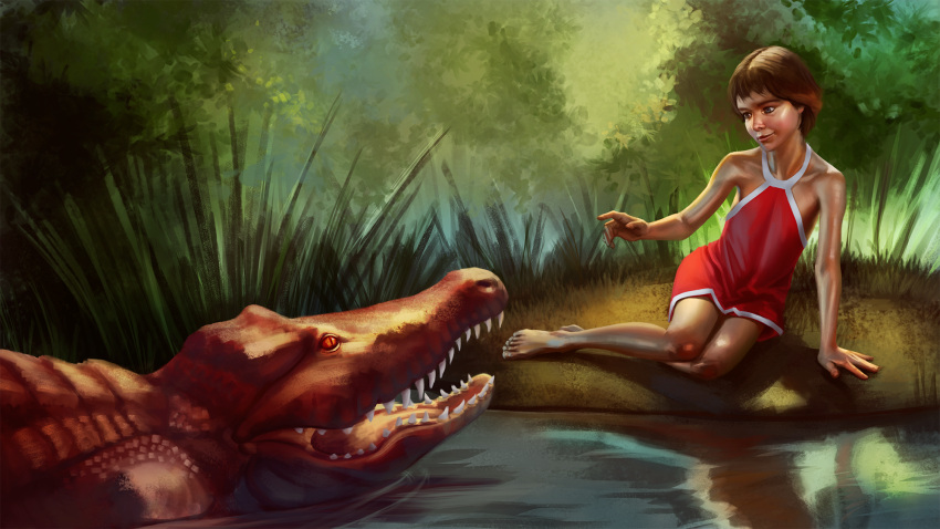 2021 alisa_selezneva ambiguous_gender asher_(artist) barefoot blue_eyes blush brown_hair clothing crocodile crocodilian crocodylid day detailed detailed_background digital_media_(artwork) digital_painting_(artwork) dress dress_only duo eye_contact fangs feet feral forest forest_background friendly glistening grass guest_from_the_future hair hi_res human legs_together long_snout looking_at_another mammal nails nature nature_background open_mouth orange_eyes outside partially_submerged plant plantigrade pupils red_body red_clothing red_dress red_scales red_sclera reflection reptile ripples scales scalie short_hair sitting slit_pupils smile snout swimming tall_grass teeth toenails tree water water_reflection young