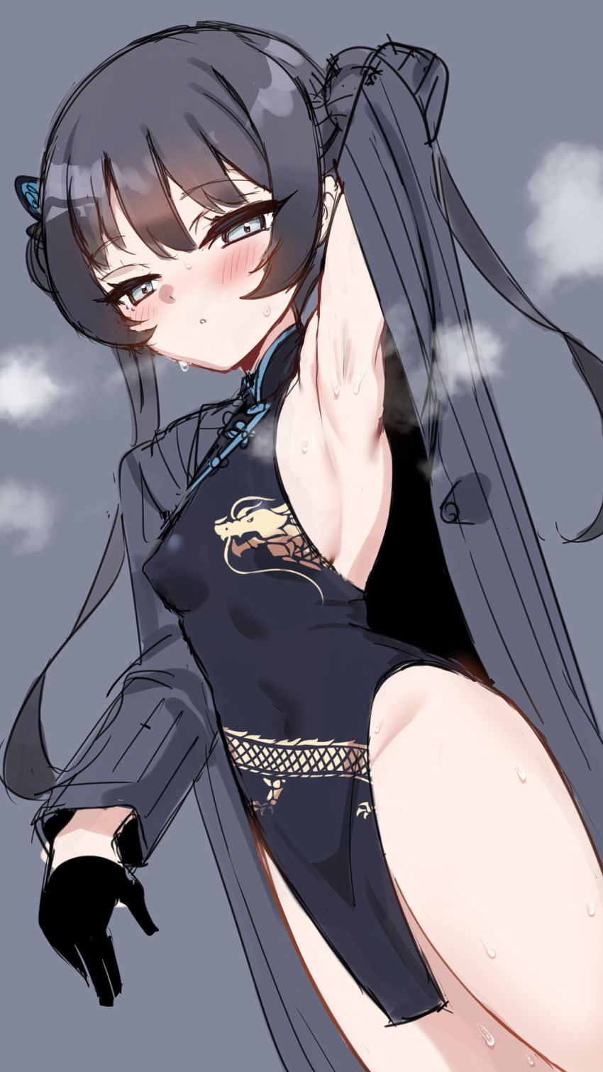 1girl armpits black_gloves black_hair blue_archive blush breasts butterfly_hair_ornament china_dress chinese_clothes cowboy_shot dragon_print dress gloves grey_eyes hair_ornament highres jacket kisaki_(blue_archive) long_hair looking_at_viewer presenting_armpit rayno simple_background small_breasts solo steam striped striped_jacket sweat thighs vertical-striped_jacket vertical_stripes