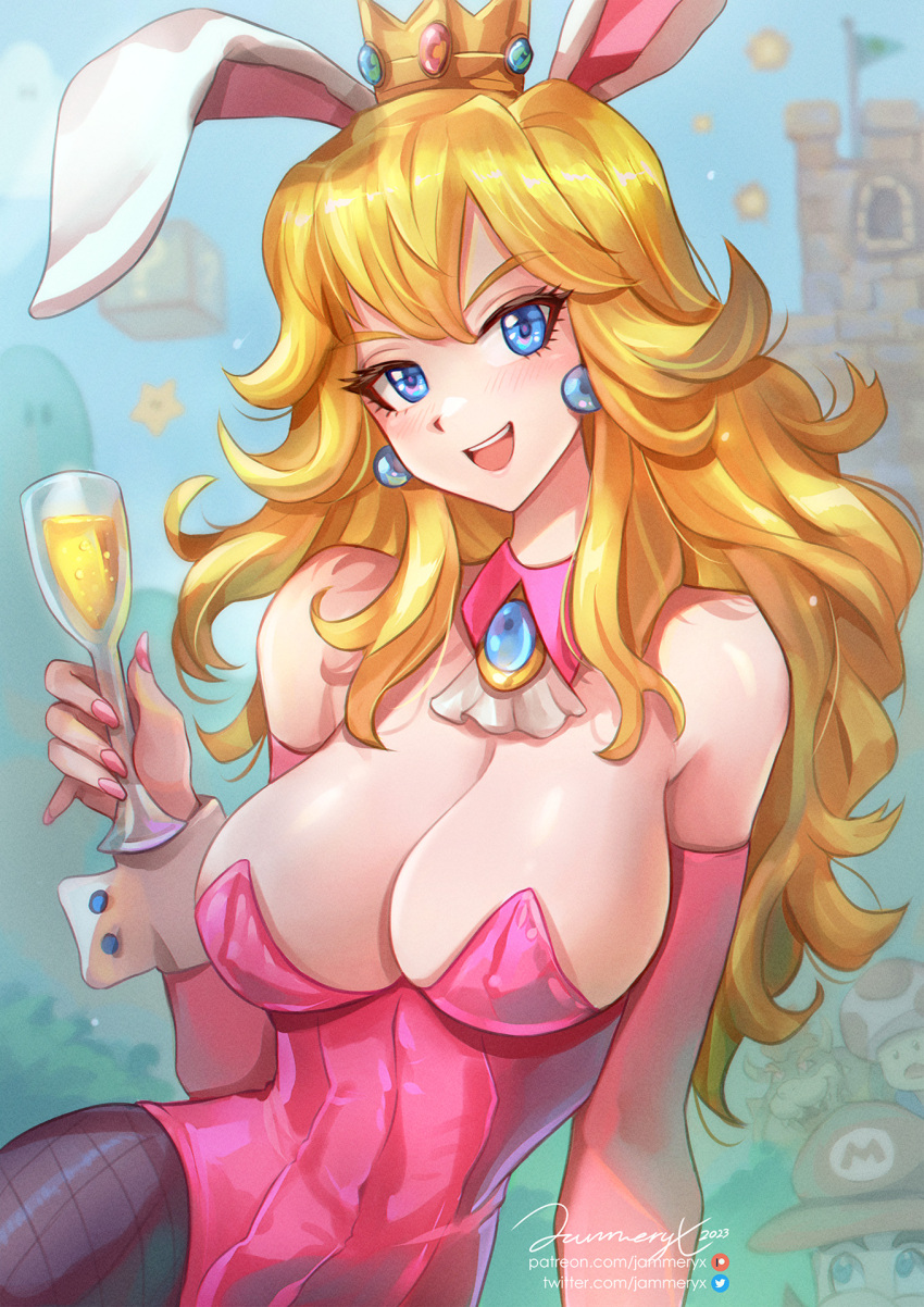 1girl alcohol animal_ears bangs bare_shoulders blonde_hair blue_eyes blush bowser breasts champagne champagne_flute cleavage covered_navel cup detached_collar drinking_glass earrings english_commentary fishnet_pantyhose fishnets hair_between_eyes highres holding holding_cup jammeryx jewelry large_breasts leotard light_blush long_hair looking_at_viewer mario mario_(series) messy_hair open_mouth outdoors pantyhose pink_leotard playboy_bunny princess_peach purple_pantyhose rabbit_ears sitting strapless strapless_leotard toad_(mario) upper_body yokozuwari