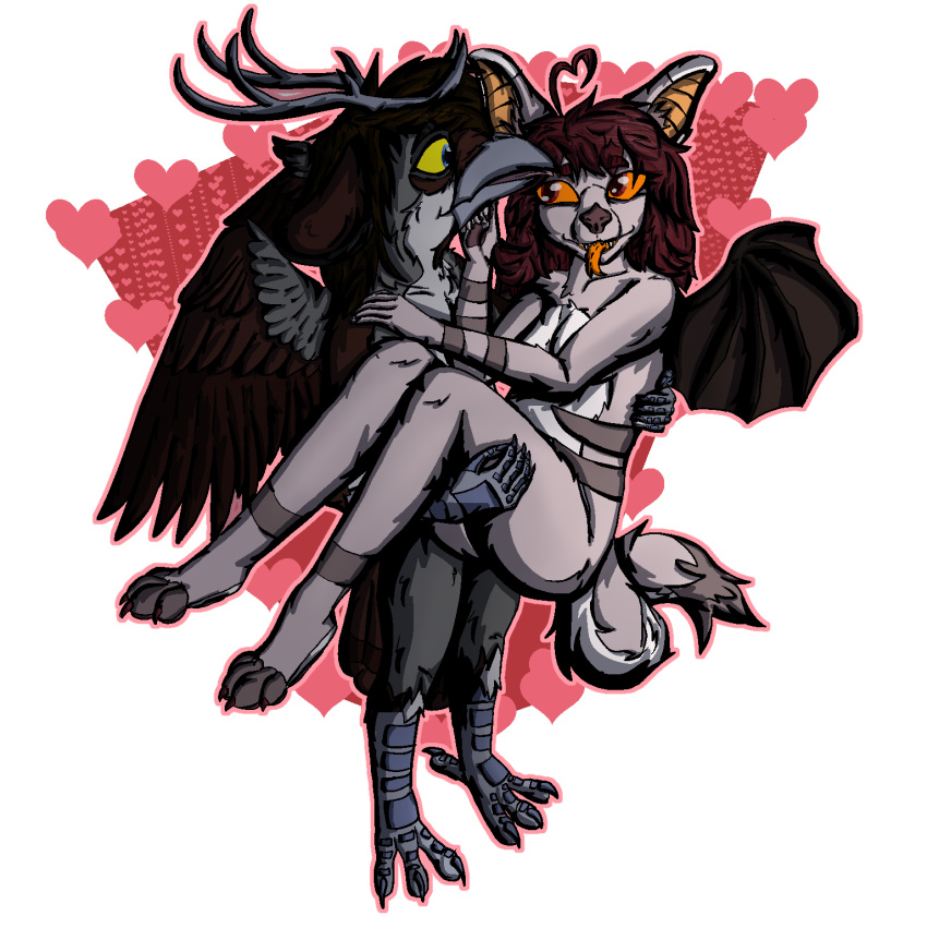 &lt;3 alpha_channel anthro antlers artamid avian bajer_(jurij_bajer) bat bat_wings beak bird corvid cracticinae currawong deer digital_drawing_(artwork) digital_media_(artwork) duo dusky_(dusiek) ears_back feathered_wings feathers feet female fur grey_body hair hi_res holding_partner holidays horn hybrid jurij_bajer magpie_(corvid) male male/female mammal married_couple membrane_(anatomy) membranous_wings orange_sclera oscine passerine paws pivoted_ears romantic romantic_couple shaded simple_background spread_wings tail tail_feathers talons tan_body tan_fur touching_beak valentine's_day wings yellow_sclera