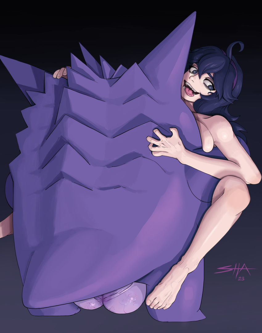 absurdres barefoot big_balls breast_squish breasts breasts_squeezed_together feet gengar happy_sex hex_maniac_(pokemon) highres interspecies looking_at_viewer pokemon pokemon_(creature) pokephilia purple_eyes purple_hair steam testicles tongue tongue_out veins veiny_balls veiny_breasts veiny_feet veiny_testicles
