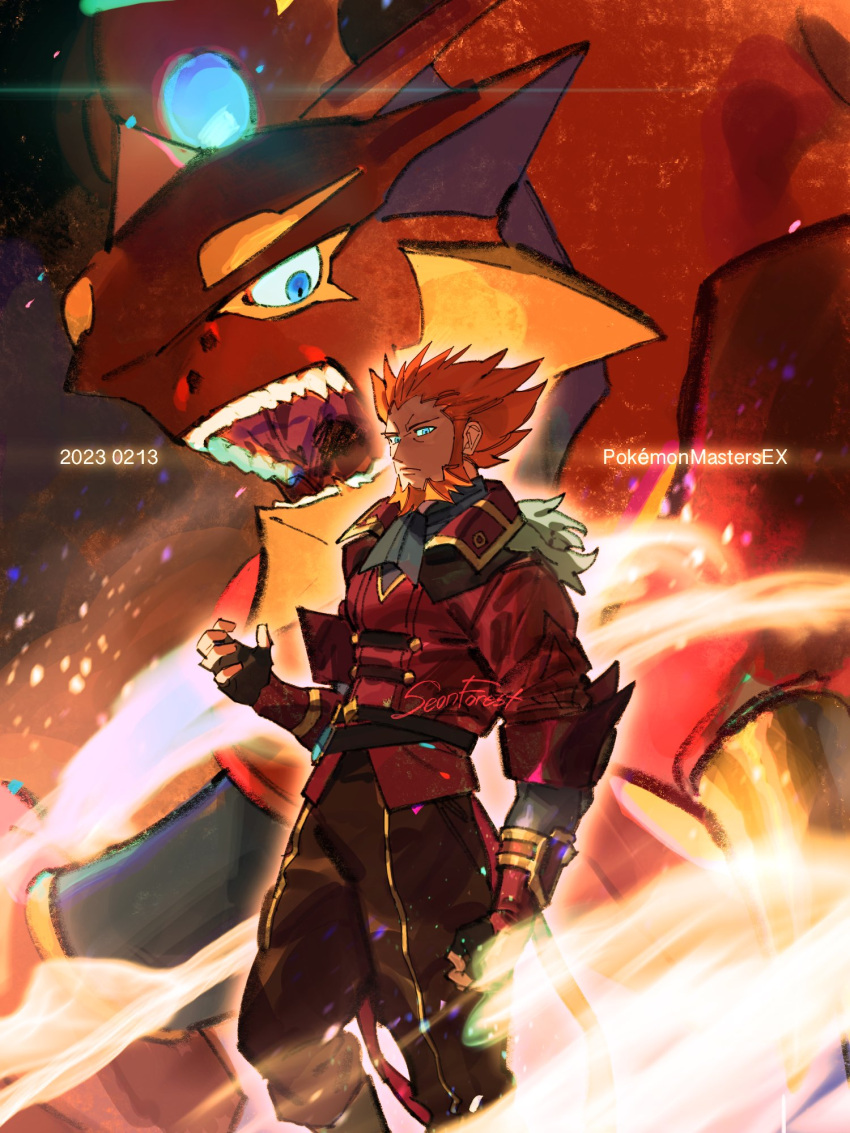 1boy beard blue_eyes copyright_name dated facial_hair gloves highres looking_at_viewer lysandre_(pokemon) lysandre_(sygna_suit)_(pokemon) male_focus official_alternate_costume open_mouth orange_hair pokemon pokemon_(creature) pokemon_(game) pokemon_masters_ex seonforest signature standing teeth volcanion