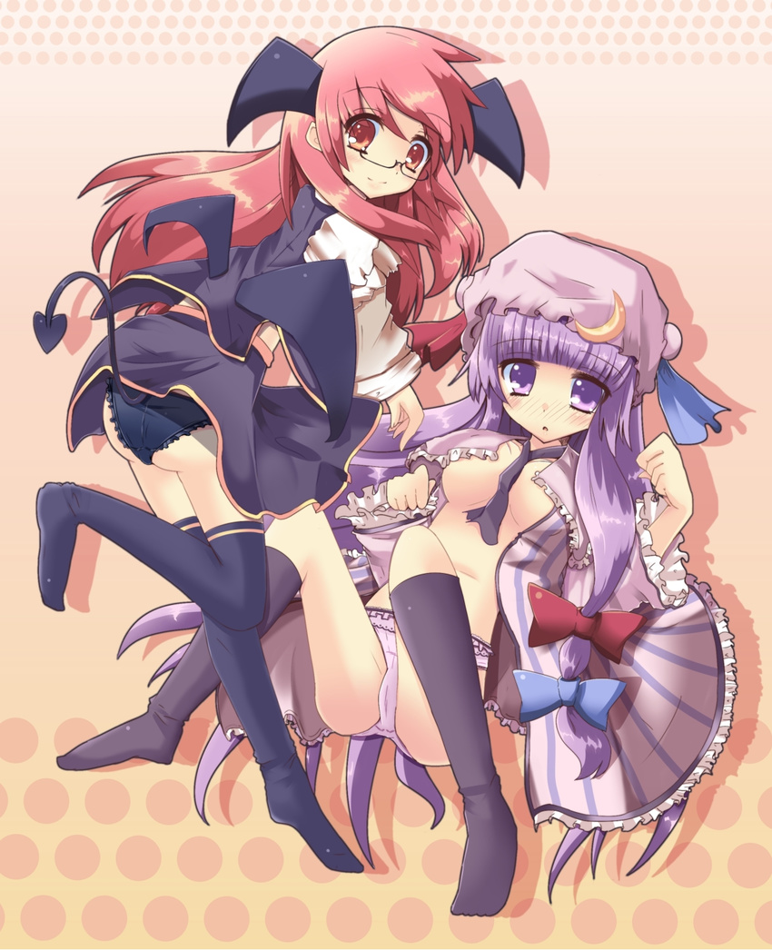 ass bat_wings bespectacled blush breasts crescent demon_tail glasses hat head_wings highres koakuma medium_breasts multiple_girls open_clothes open_robe panties pantyshot patchouli_knowledge purple_eyes purple_hair red_eyes red_hair robe smile snow_(gi66gotyo) tail thighhighs touhou underboob underwear wings