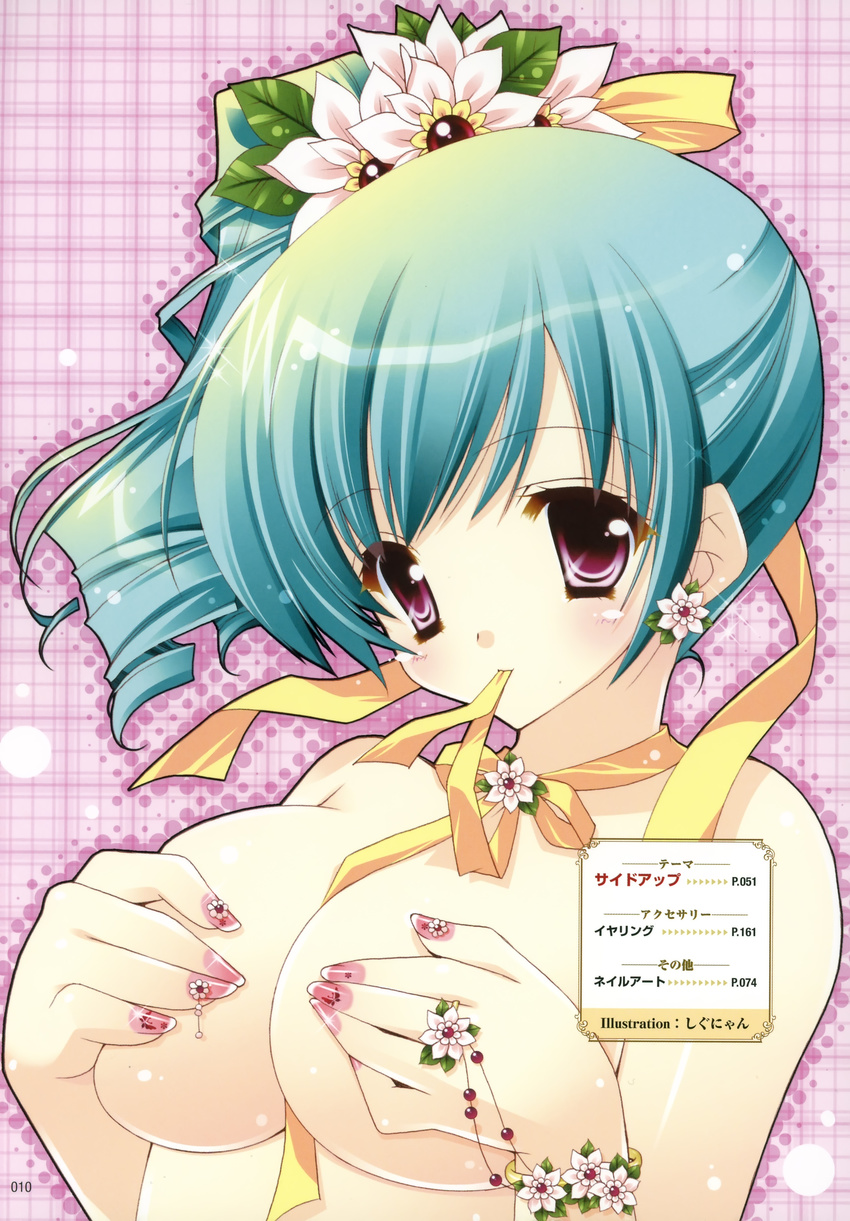 absurdres breasts copyright_request covering covering_breasts flower gradient_hair green_hair highres long_hair medium_breasts multicolored_hair nail_art nail_polish pink_nails purple_eyes ribbon shigunyan side_ponytail solo topless
