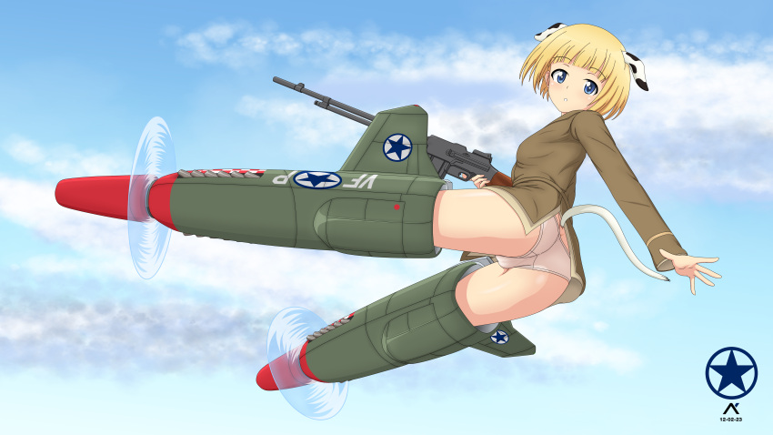 1girl absurdres acrux animal_ears artist_logo ass bangs blonde_hair blue_sky bob_cut brown_jacket brown_shirt browning_m1919 commentary crotch_seam dated day dog_ears dog_tail english_commentary flying grey_panties gun highres holding holding_gun holding_weapon jacket jane_t._godfrey long_sleeves looking_at_viewer looking_back military military_uniform no_pants outdoors panties parted_lips roundel shirt short_hair sky solo star_(symbol) strike_witches:_kurenai_no_majo-tachi striker_unit tail underwear uniform weapon world_witches_series