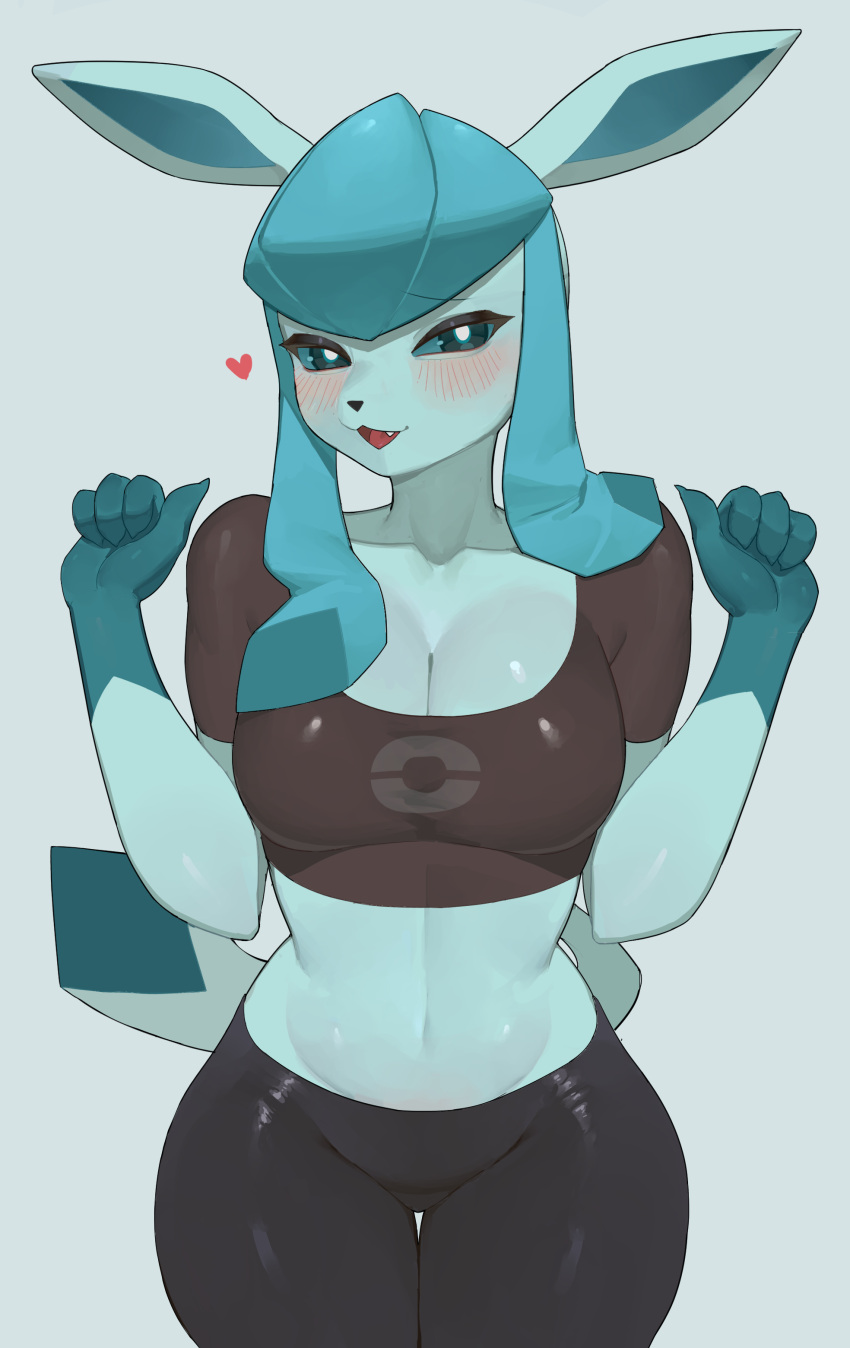 absurd_res anthro big_breasts blue_body blue_eyes blush breasts clothed clothing eeveelution female generation_4_pokemon glaceon hi_res looking_at_viewer nintendo pokemon pokemon_(species) pokemorph solo yawar