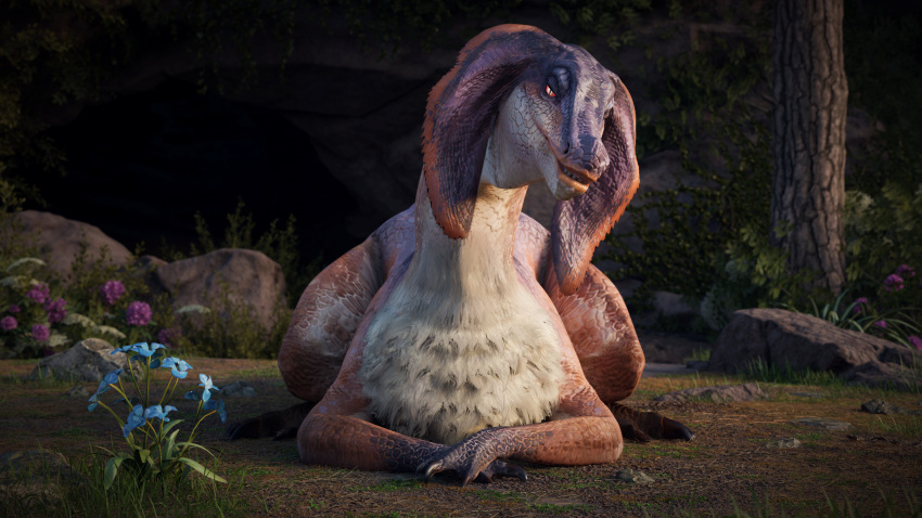 16:9 3d_(artwork) 4k absurd_res bedroom_eyes bird_wyvern blue_flower capcom chest_tuft claws crossed_arms detailed_background digital_media_(artwork) dinosaur english_text female feral floppy_ears flower frill_(anatomy) fur grass half-closed_eyes hi_res ivorylagiacrus jaggi long_snout looking_at_viewer lying monster_hunter multicolored_body multicolored_scales narrowed_eyes on_front on_ground orange_body orange_scales outside plant pupils purple_body purple_scales red_eyes reptile rock scales scalie seductive sitting sitting_on_ground slit_pupils smile snout solo teeth text theropod tree tuft white_body white_fur white_scales wide_hips widescreen
