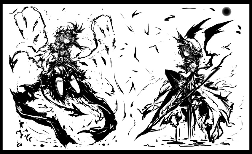 2girls acryl bangs closed_mouth commentary_request demon_wings dress expressionless flandre_scarlet full_body greyscale hair_between_eyes hat hat_ribbon highres laevatein_(touhou) long_hair looking_at_viewer looking_to_the_side medium_hair mob_cap monochrome multiple_girls one_side_up pantyhose puffy_short_sleeves puffy_sleeves remilia_scarlet ribbon shoes short_sleeves siblings sisters spear_the_gungnir thighhighs touhou wings