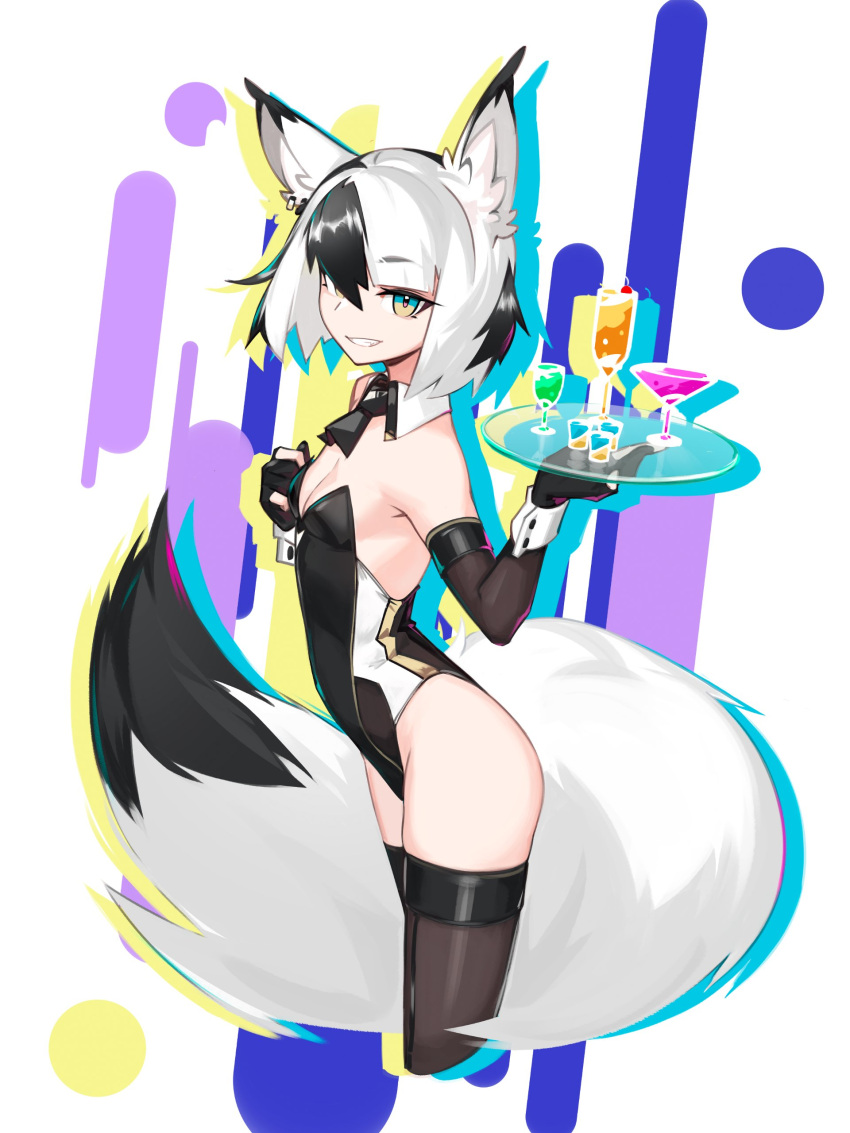 1girl abstract_background absurdres alcohol animal_ears bangs black_gloves black_hair black_leotard blue_eyes breasts cleavage cocktail commentary cowboy_shot deel_(rkeg) detached_collar detached_sleeves ear_piercing fox_ears fox_girl fox_tail from_side gloves grin hair_between_eyes highres holding holding_plate leotard looking_at_viewer medium_breasts multicolored_eyes multicolored_hair multicolored_tail original partially_fingerless_gloves piercing plate short_hair sleeve_cuffs smile solo tail white_hair yellow_eyes