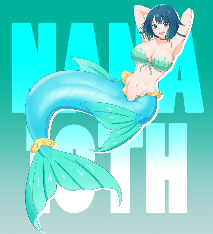 1girl :d absurdres armpits arms_up bangs bikini blue_hair blush borrowed_character breasts character_name cleavage collarbone commentary english_commentary fins fukami_nana full_body green_background green_bikini green_eyes hair_flaps highres kiria_ai large_breasts looking_at_viewer mermaid monster_girl navel open_mouth original simple_background smile solo swimsuit
