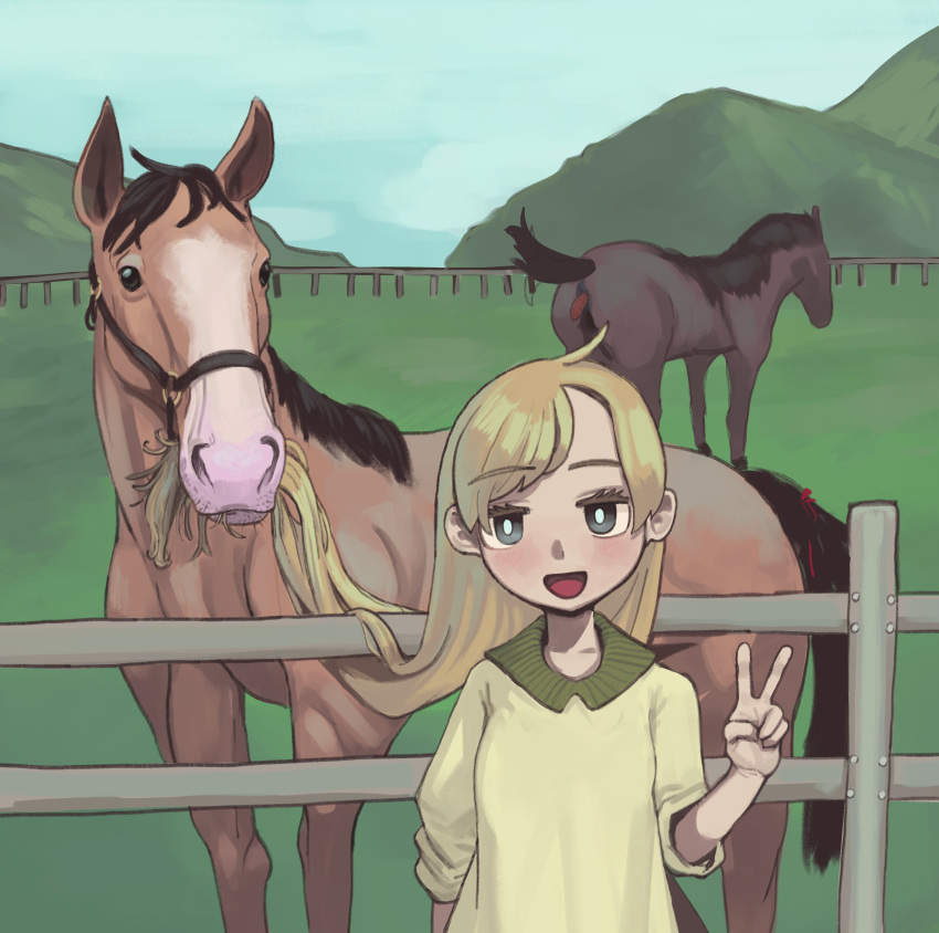 1girl :d absurdres bangs bright_pupils cloud cloudy_sky deent_(30390450) eating_hair fence grey_eyes hair_in_another's_mouth hand_up highres horse long_hair looking_at_viewer mountainous_horizon original outdoors poop sky sleeves_rolled_up smile solo straight-on sweater swept_bangs upper_body v white_pupils yellow_sweater