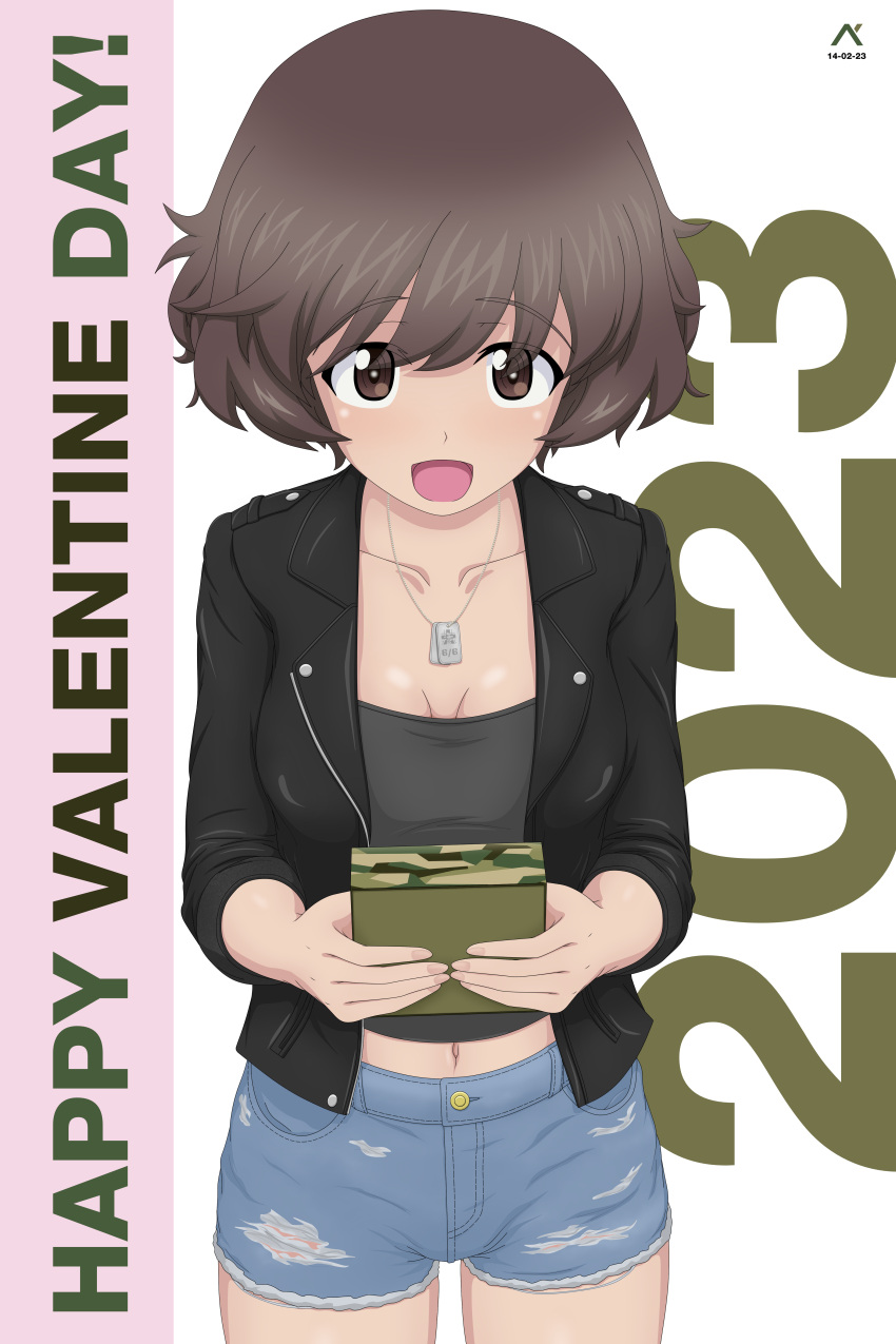 1girl 2023 absurdres acrux akiyama_yukari artist_logo bangs black_jacket black_shirt blue_shorts breasts brown_eyes brown_hair camouflage commentary cowboy_shot cutoffs dated denim denim_shorts dog_tags emblem english_commentary gift girls_und_panzer happy_valentine highres holding holding_gift jacket long_sleeves looking_at_viewer medium_breasts messy_hair midriff navel ooarai_(emblem) open_mouth shirt short_hair short_shorts shorts smile solo standing torn_clothes torn_shorts valentine