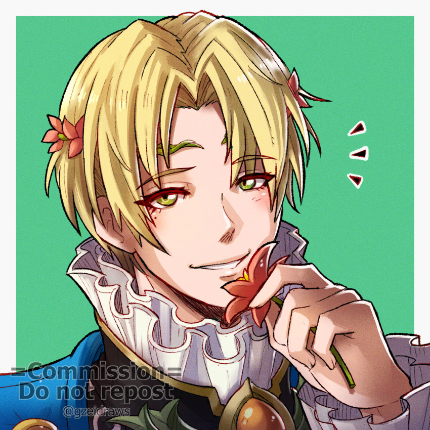 1boy alfred_(fire_emblem) blonde_hair commentary fire_emblem fire_emblem_engage flower green_background green_eyes grin gzei hair_flower hair_ornament high_collar highres holding holding_flower looking_at_viewer male_focus red_flower short_hair simple_background smile solo